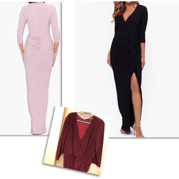 NWT Betsy and Adam Aubree Ruched Ruffle Long Sleeve V Neck Jersey Wrap Gown - Picture 6 of 16